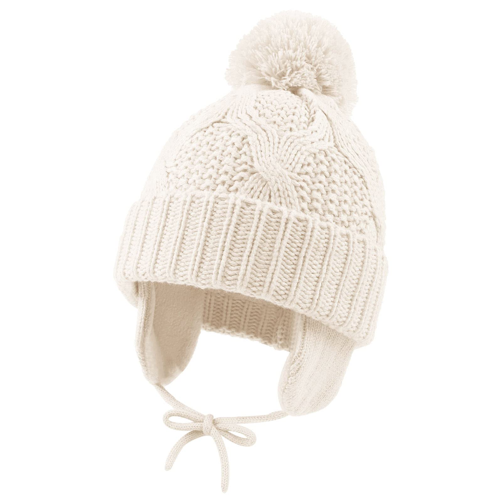 Pesaat Knitted Baby Winter Beanie Earflap Warm Hat for Infant Toddler Boys Girls Fleece Lined Beanies with Pompom (White,1-3 Y)