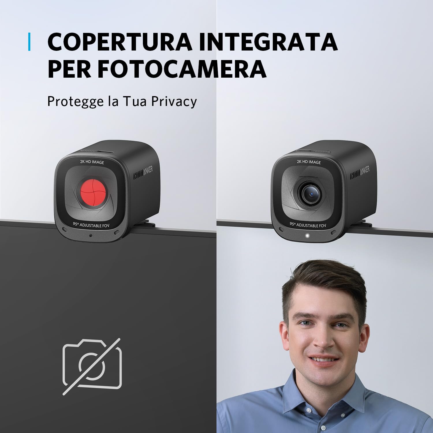 AnkerWork PowerConf C200 2K USB Webcam per laptop e computer, microfoni con cancellazione del rumore AI, stereo, campo visivo regolabile, correzione della luce bassa, copertura privacy integrata