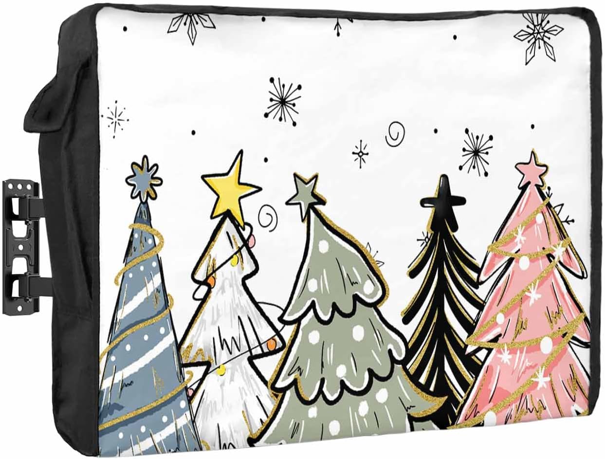 Christmas Outdoor TV Cover 60"-65" - 600D Waterproof TV Cover Weatherproof TV Screen Protector Dustproof Winter Xmas Tree Snowflake White TV Display Protector for Outside Flat Screen TV