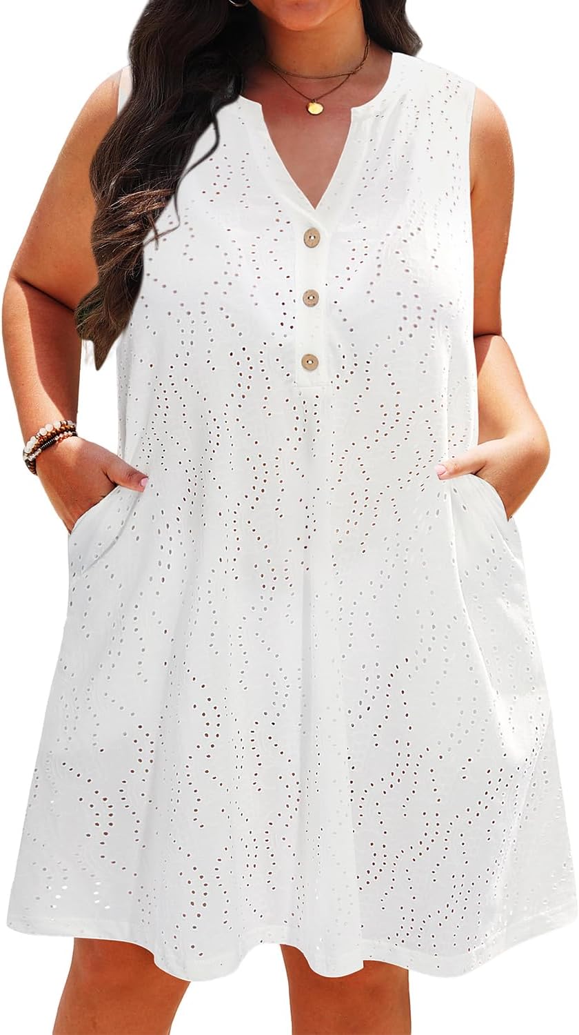 Pinup Fashion Plus Size Swimsuit Cover Up Women - Hollow Out Sleeveless Beach Cover Dress with Pockets