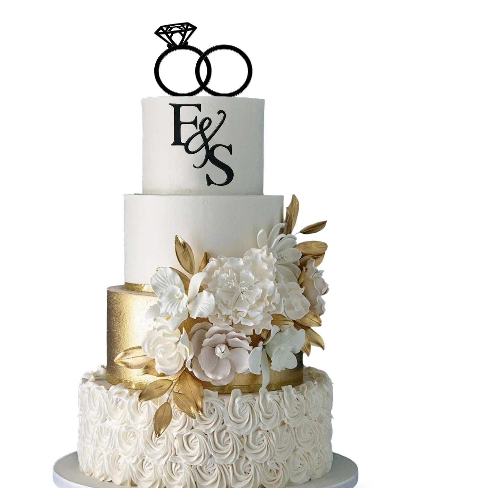 Floruvia Wedding Cake Topper Diamond Ring Cake Topper with 26 Letters Customisable Bride and Groom Initials Sign (Black)