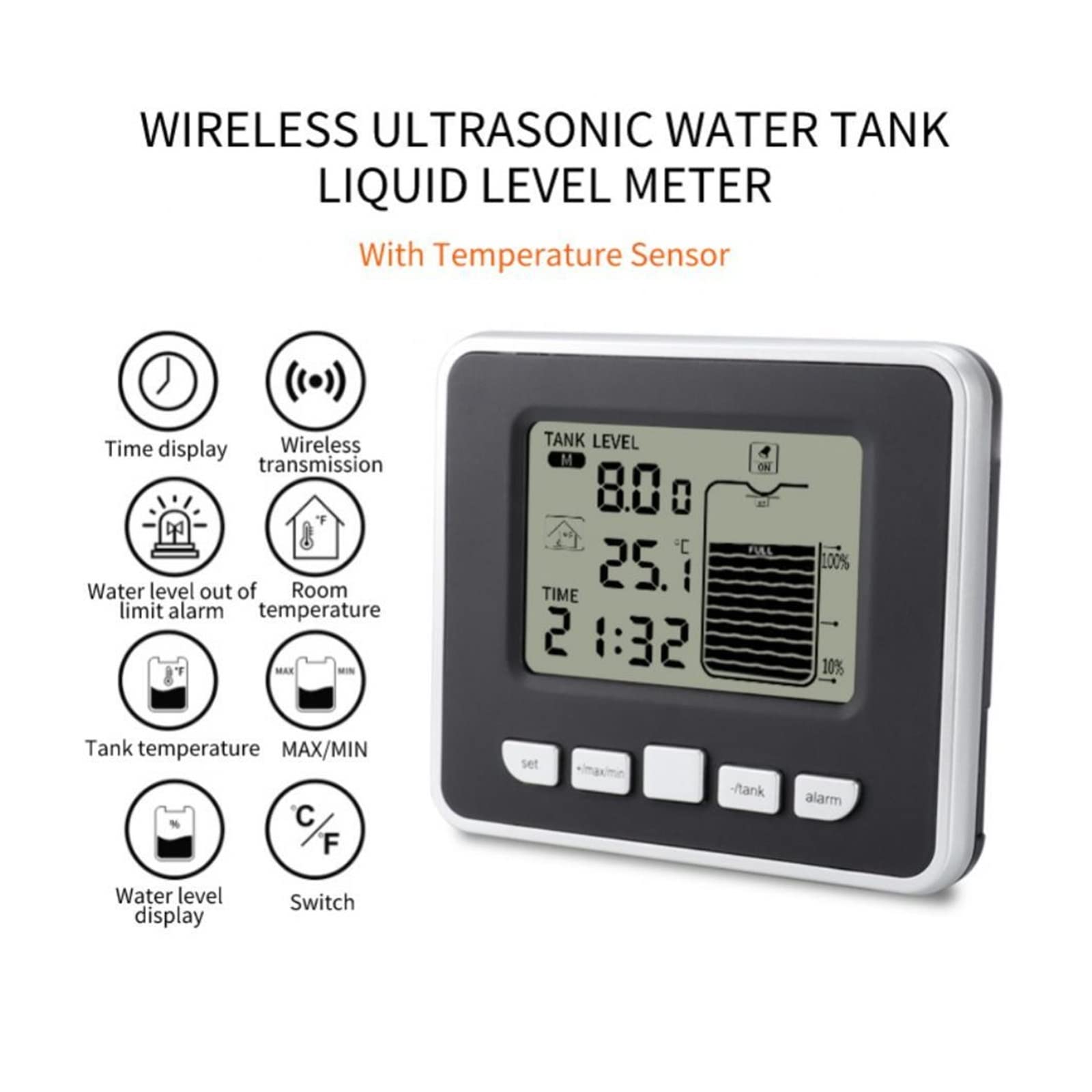 Medidor ultrasónico de nivel de tanque de agua, Sensor de temperatura, tiempo de visualización, indicador de batería baja, instrumentos, herramientas, pantalla LCD DiseñO A Prueba De Agua