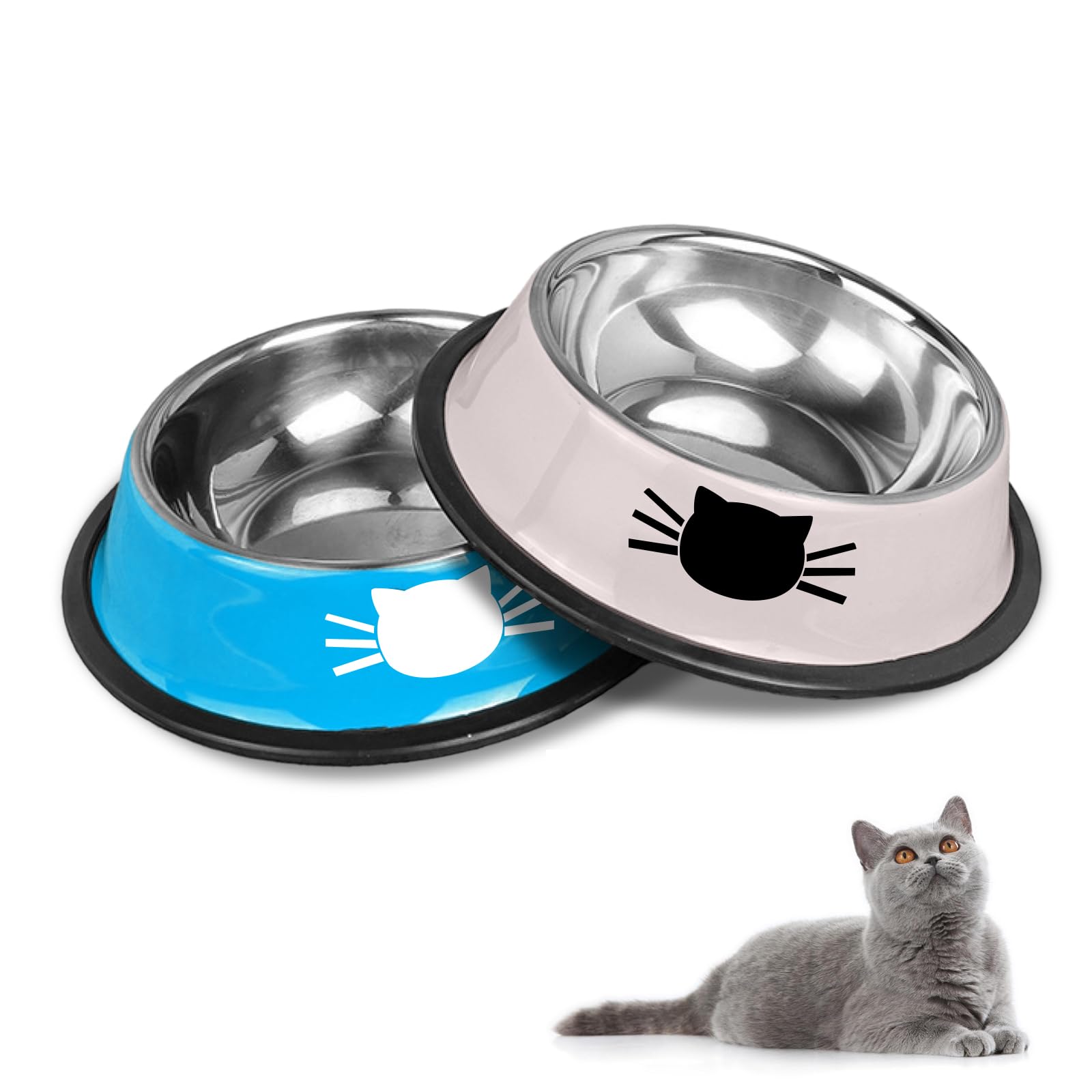 HTRTRR Katzennäpfe Katzenschüssel Set, rutschfeste Katzennäpfe aus Edelstahl, Katzenfressnäpfe, Katzentränken, Katzennäpfe und Trinknäpfe für Haustiere (Blau + Grau)