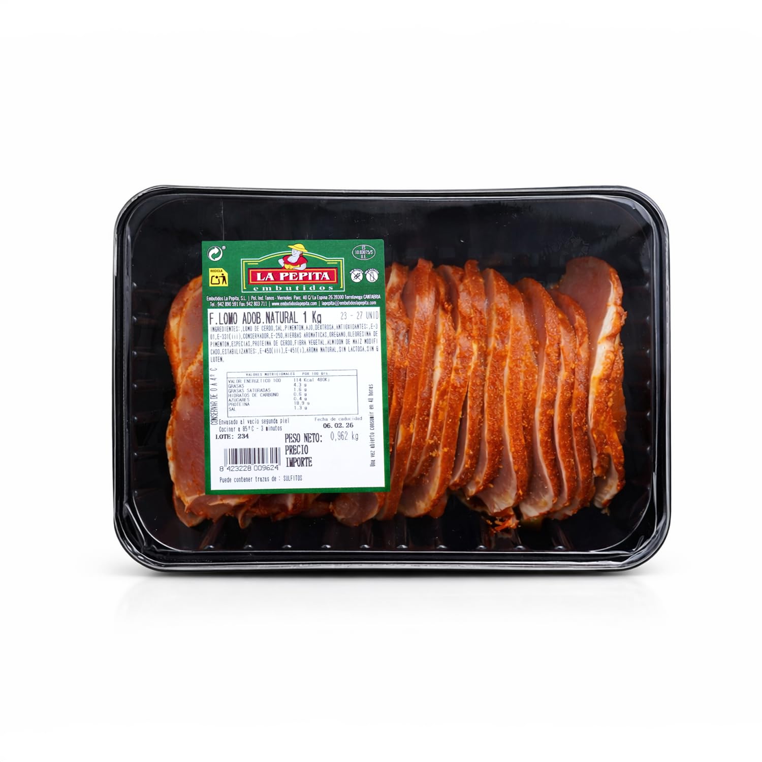 EMBUTIDOS LA PEPITA – Pack Familiar: Lomo Adobado 1,2 kg + Burger Meat Mixta (10 uds.) | Envasado en Atmósfera Protectora | Conservar 0–4 ºC | Cocinar antes de consumir