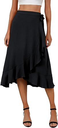 FEMLE Womens High Waist Asymmetrical Ruffle Wrap Midi Skirt