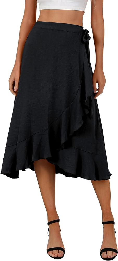 FEMLE Women's Elegant Ruffle Wrap Asymmetrical Tie High Waist Long