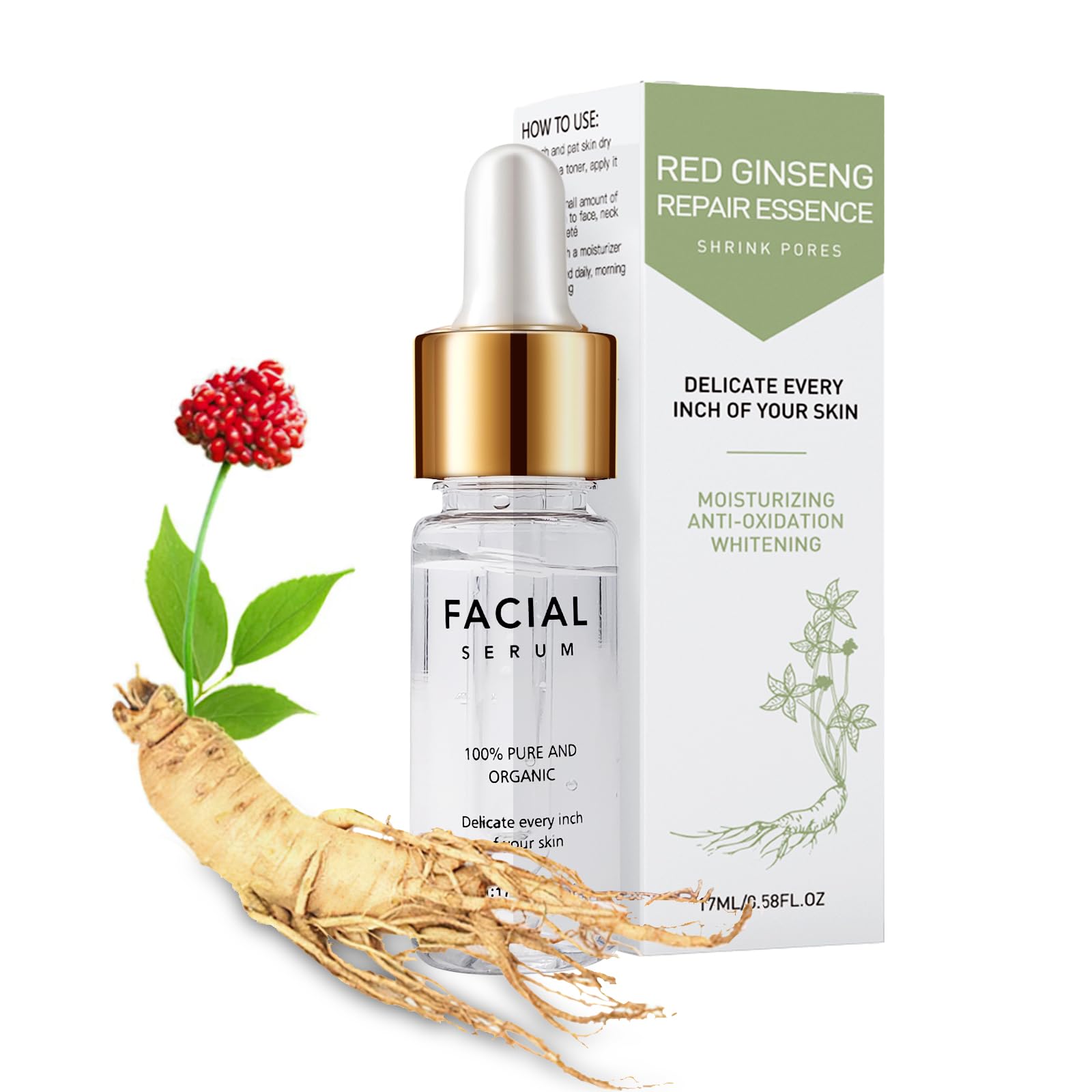 Red Ginseng Facial Serum, Premium Anti-Aging Facial Serum with Red Ginseng Extract, Hyaluronic Acid, Ginseng Extract Water for Firming, Skin Care (17ml)