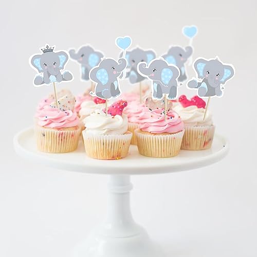 Miniatura 3 de Finduat 48 piezas de decoración de cupcakes de elefante azul para niños, suministros de decoración de baby shower, suministros de fiesta de
