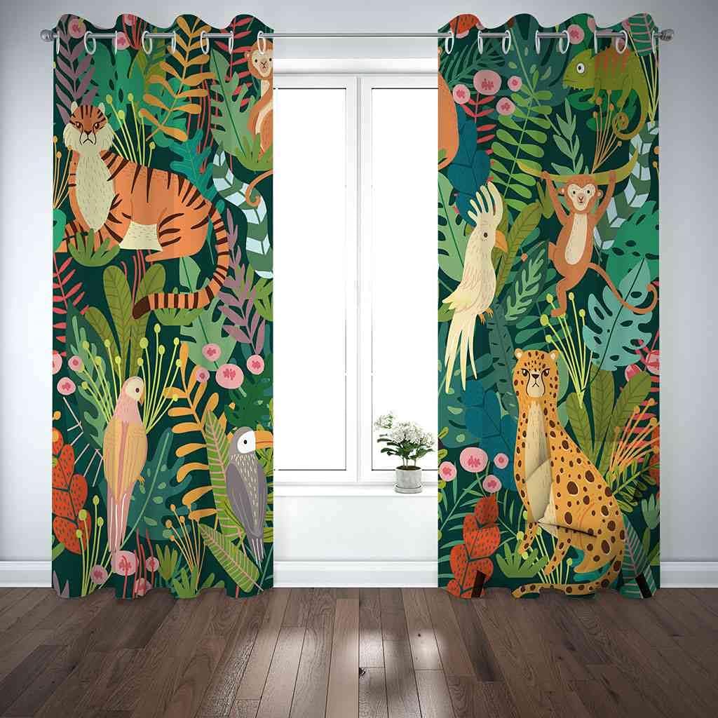 Modern Blackout Curtains with Eyelet 3D Printed Thermal Insulated Window Treatments Cartoon Forest Tiger Monkey Living Room Bedroom Window Drapes 2 Panel Set 72" X 108" (2XW55"xL96")