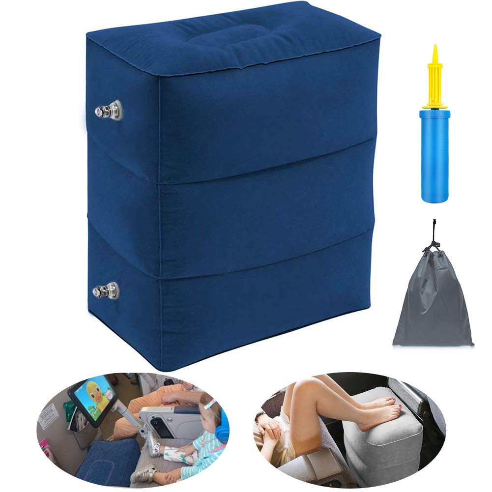 ZIQIANInflatable Travel Foot Rest Pillow Portable Adjustable Three Layers Height Foot Stool for Airplanes, Cars, Home, Trains, Office to Lay Down or Sleep on Long Flights with Pump（Blue 1PACK）