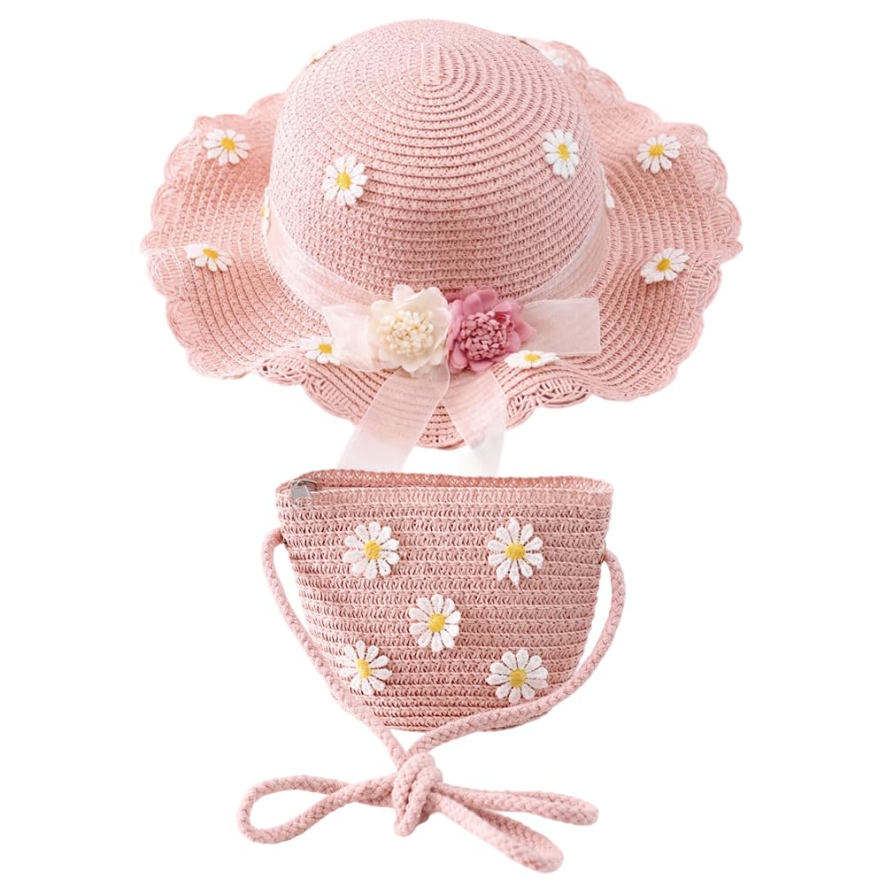 Chapeau De Paille et Sac, Petit Sac Chapeau de Soleil d'Été, Ensemble Floral pour Enfant - Tourisme, Vacances, Plage, Activités Extérieures (56-58cm)