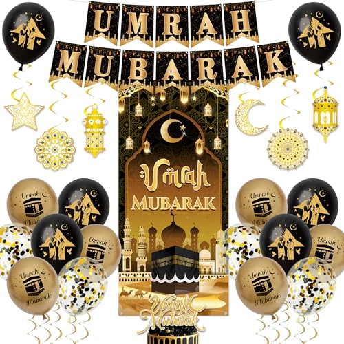 Umrah Mubarak Deko Ballons Banner - Hajj Dekoration Schwarz Gold Luftballons Girlande Tortendeko Türbanner und Hängende Swirls für Muslim Party Islamische Festival Dekorations