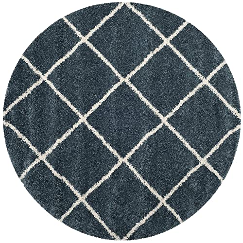 Image of Trellis Design Microfiber Hand Woven Shaggy Carpet Collection with 2 inch Pile Height Carpet for Living Room Size 5x5 feet Round coular Teal /Ivory