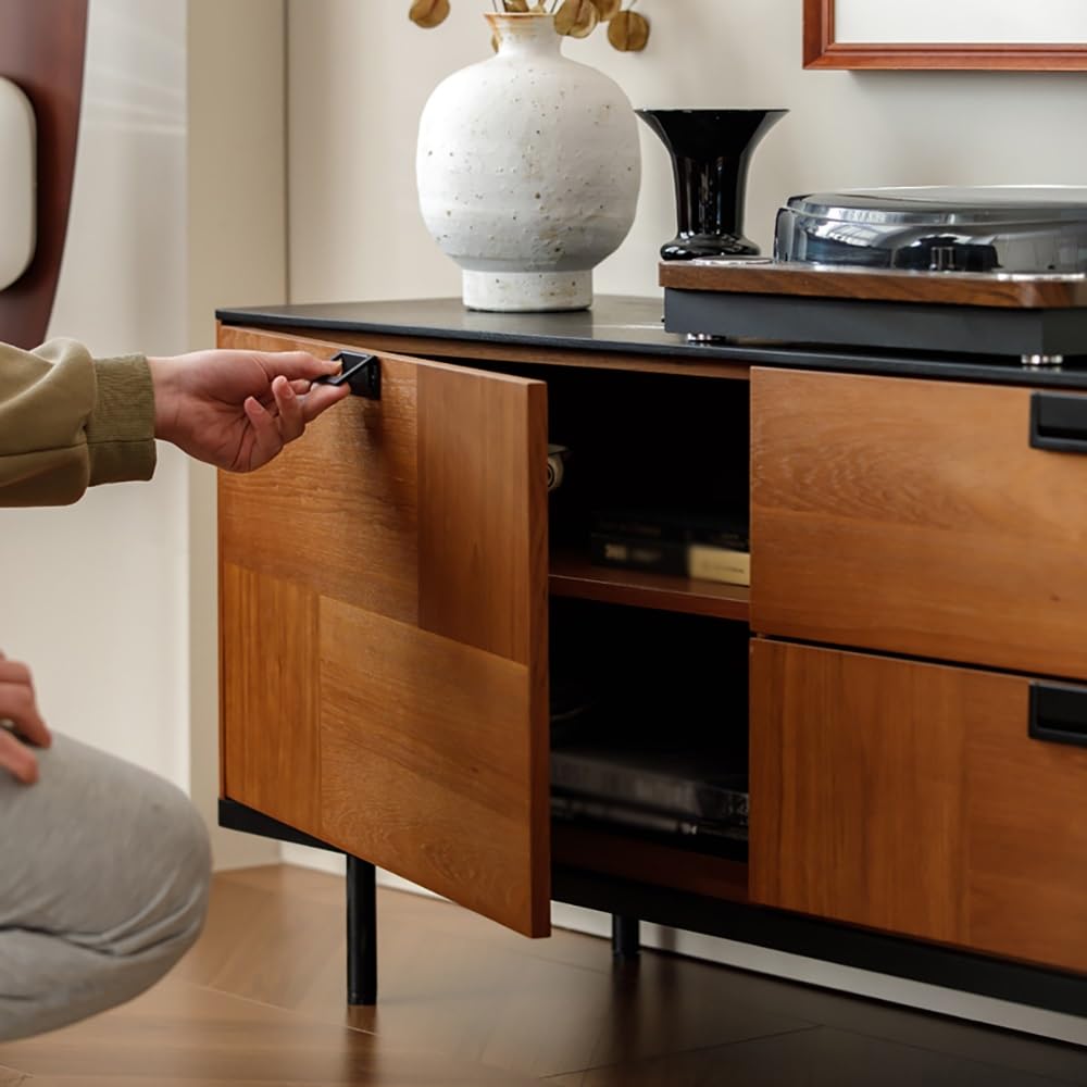 Console Multimediale Moderna 200CM Hub Intrattenimento in Impiallacciatura Legno Massello, Mobile da Deposito Vintage per Soggiorno, Adatto ad Alberghi, Alloggi Turistici e Altro