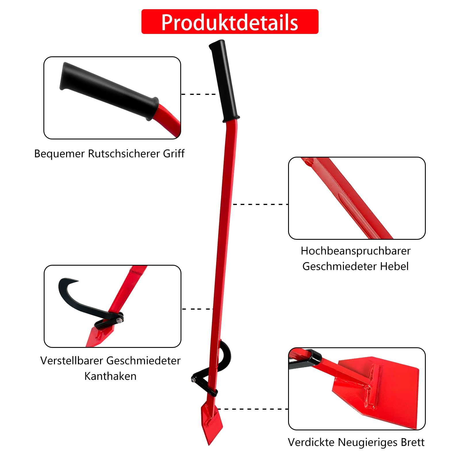 Schwerlast-Fällheber zum Baumfällen 130 cm Stammheber Geschmiedeter Kantheber mit Wendehaken, Ergonomischer Rutschfester Handgriff