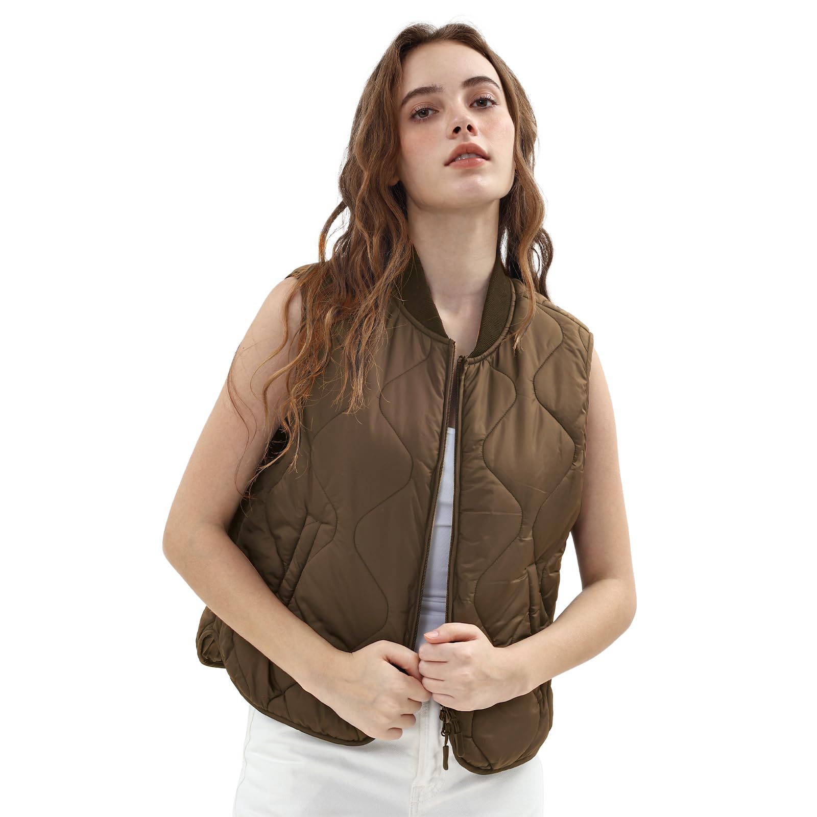 Amazhiyu Chaleco acolchado para mujer, ligero, chaleco acolchado sin mangas con cremallera y bolsillos