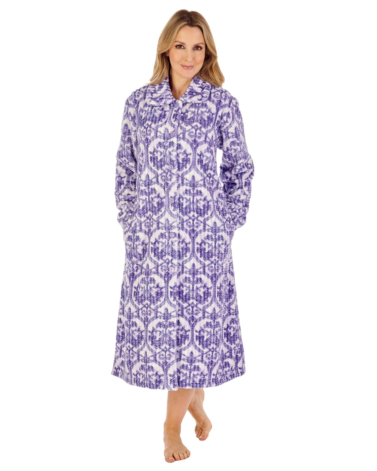 Slenderella Ladies Waffle Fleece Damask Dressing Gown Button Front Housecoat Robe Medium (Purple)