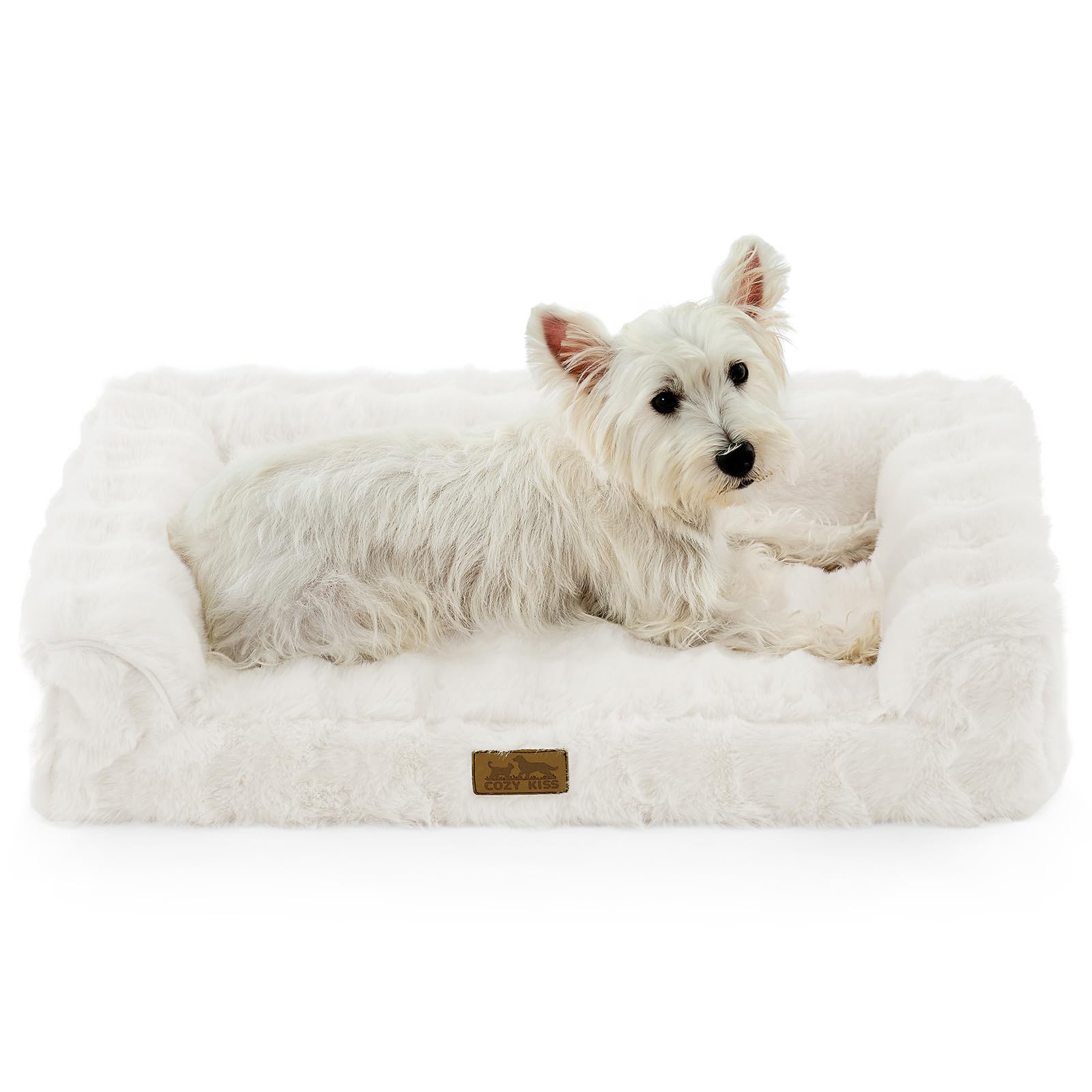 COZY KISS Faux Fur Orthopedic Dog Bed, Dog Bed for Medium Size, Pet Sofa with Removable Leak-Proof Cover, Washable U-Shaped Pet Couch with Anti-Slip Bottom, Beige M 30x20x6.5 inch