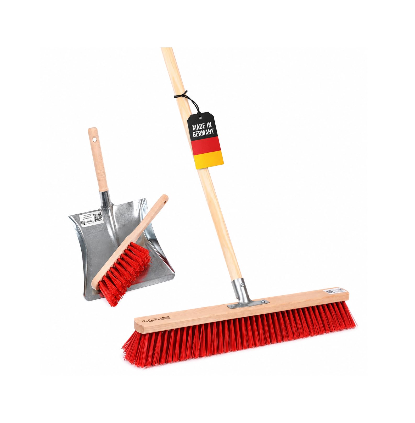 Profi Kehrset Straßenbesen Set Besen + Handfeger + Kehrschaufel für draußen | Rote Kunststoff-Borsten, Komplett-Set, Besen 50cm Breit, Inkl. Besenstiel 140cm Lang