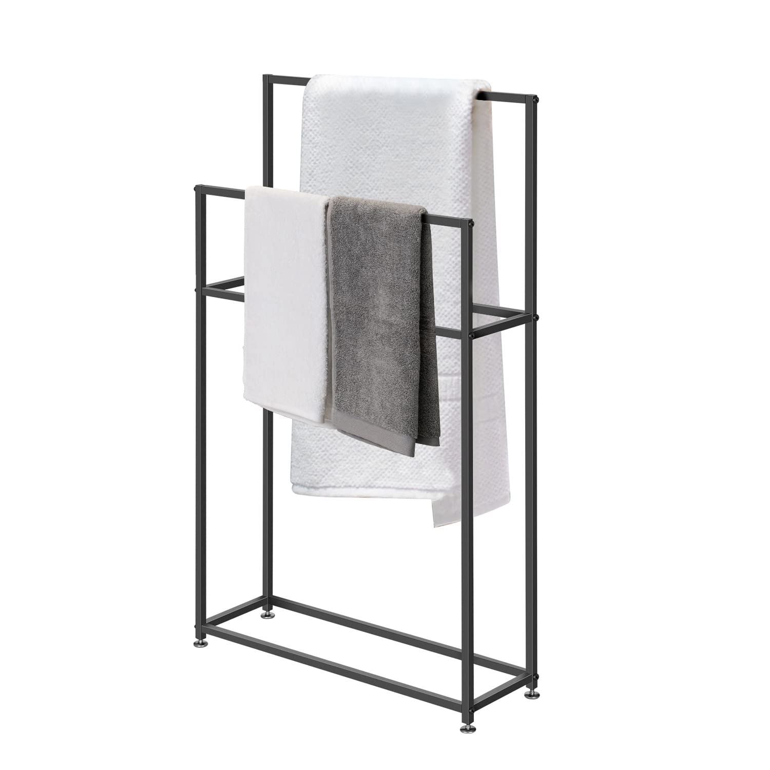 Porta asciugamani per piscina e spa, portasciugamani da pavimento indipendente, 2 ripiani, in metallo nero, porta asciugamani da bagno, per piscina, hotel, ufficio e casa, nero, 85 x 20 x 110 cm