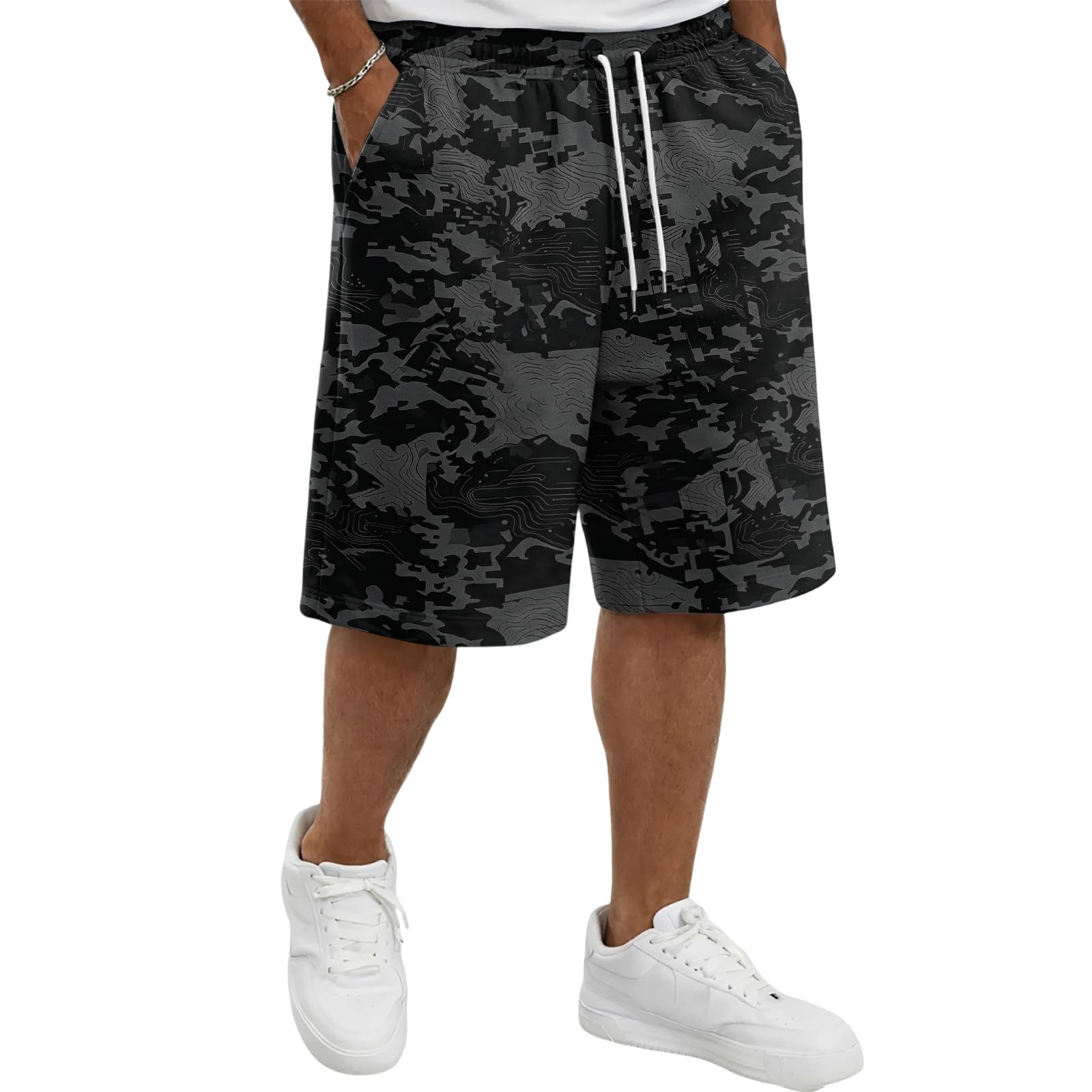 SOOUICKER Kurze Hosen Herren Sommer Stoff Sport Shorts Bermuda Shorts Gummibund Kurze Jogginghose Fitness Leichte Sommerhose Kurz Sweatshorts mit Taschen