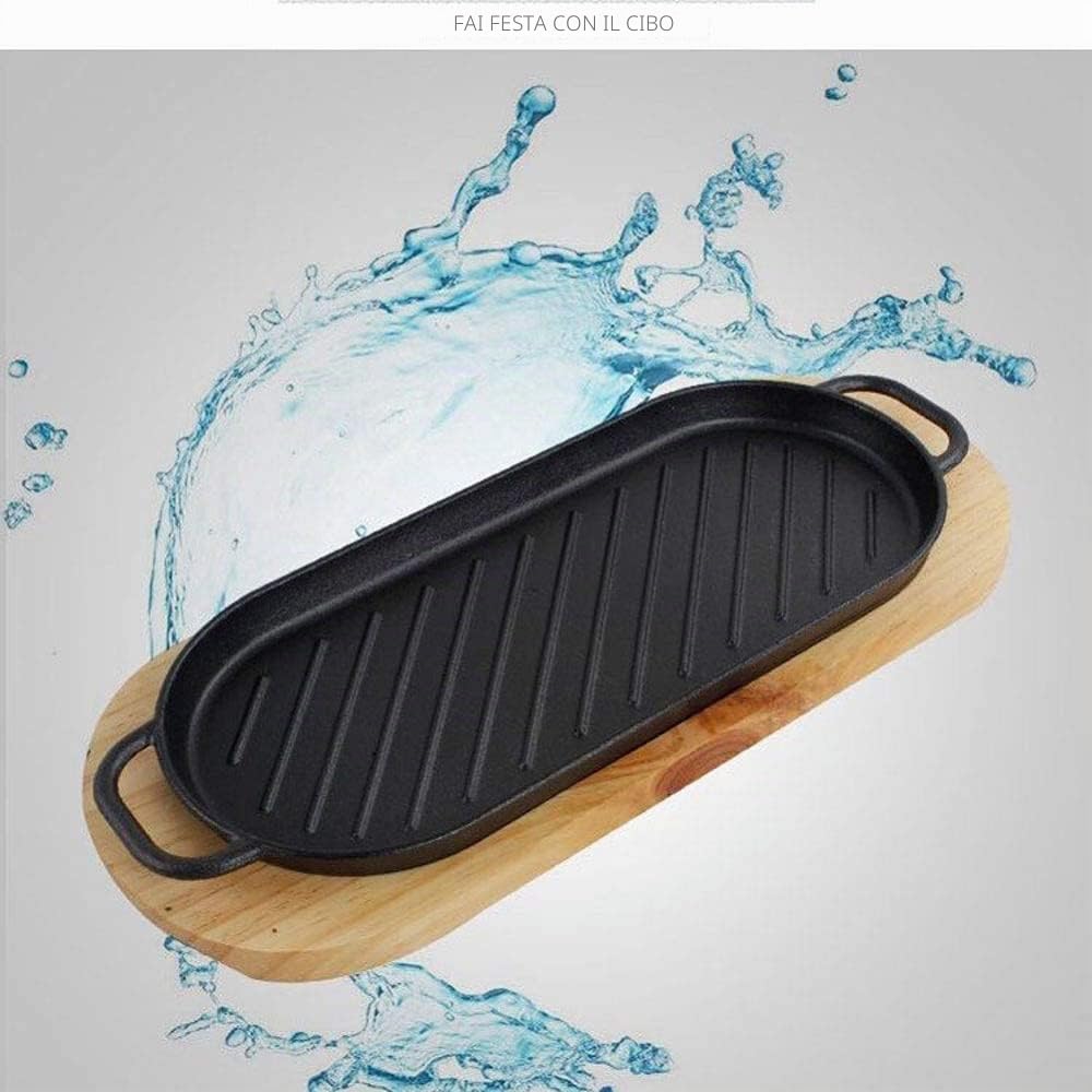 Grande vassoio da bistecca in ghisa con manico, piatto da portata da cucina in ghisa con vassoio in legno per servire e intrattenere in modo elegante a casa