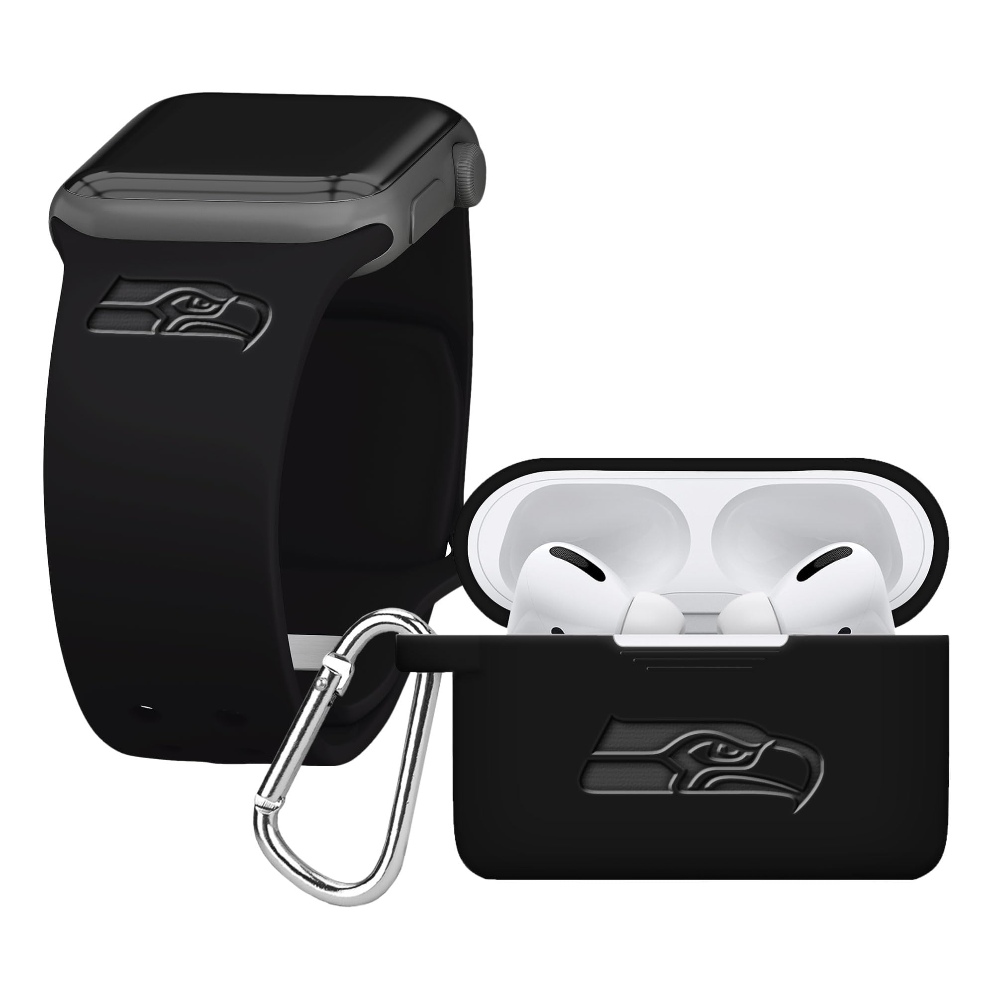 Game Time Seattle Seahawks Engraved Silicone Combo Package Compatible with Apple Watch and Airpods Pro Battery Case (38/40mm Black/Black)