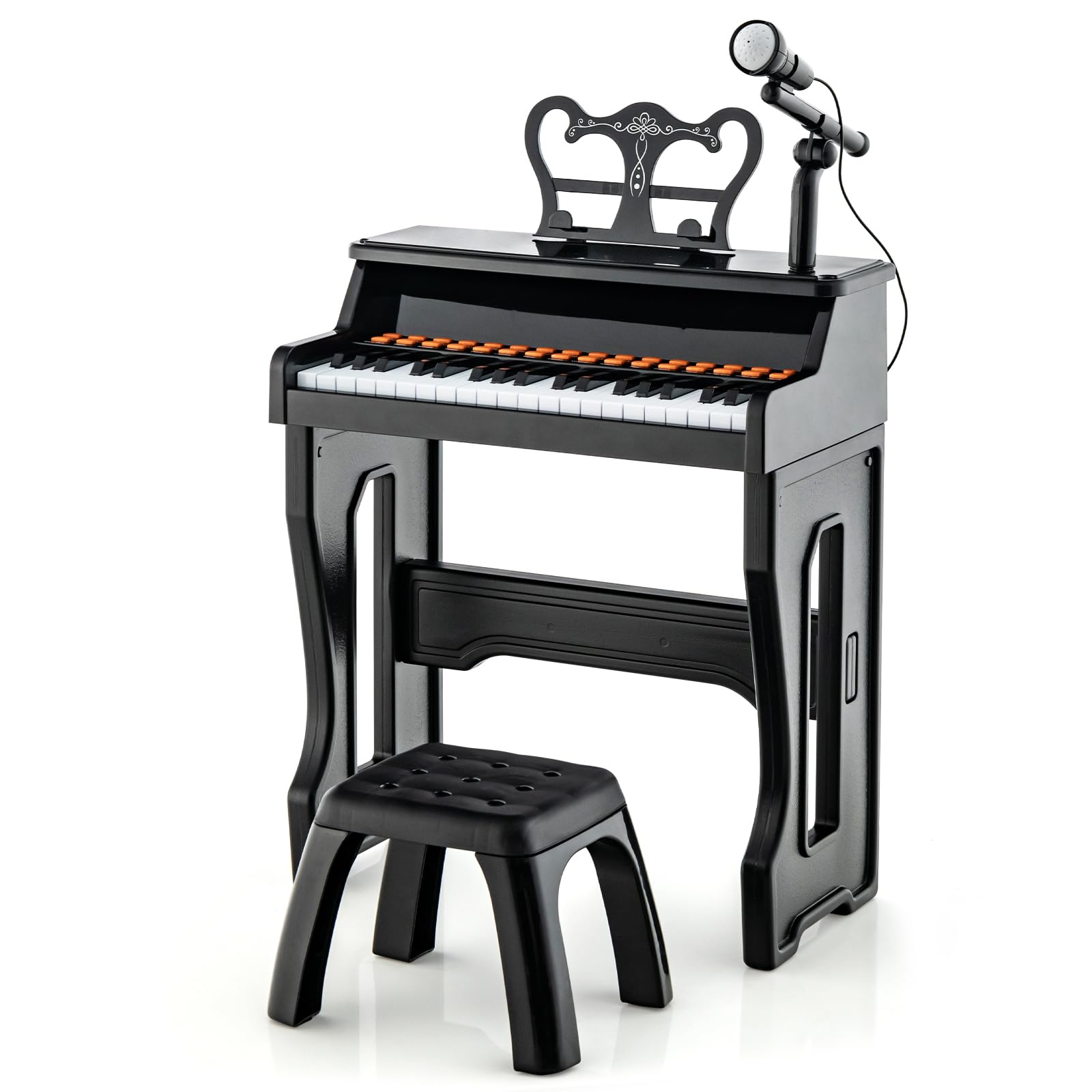 COSTWAY 37-Key Kids Piano, Toddler Electronic Keyboard with Stool, Adjustable Microphone, Music Stand, MP3, Recording and Play Function, Musical Instrument Toy Gift for Boys Girls (Black)