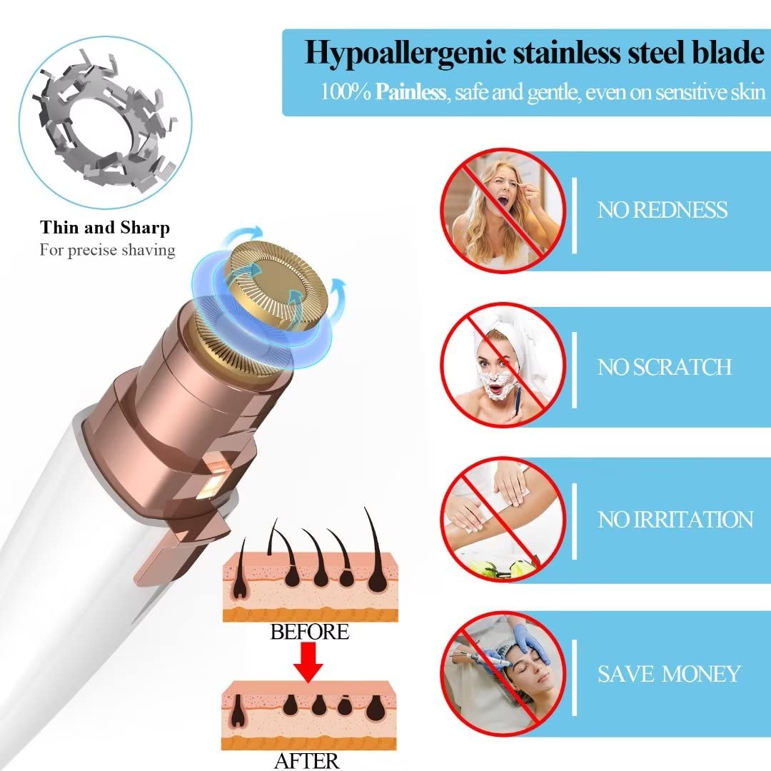Maquinilla de afeitar de cejas, depilación facial para mujeres, (recargable por USB), recortadora de cejas 2 en 1 y removedor de vello 100% indoloro con luz para nariz, labios, cara, cuerpo 3