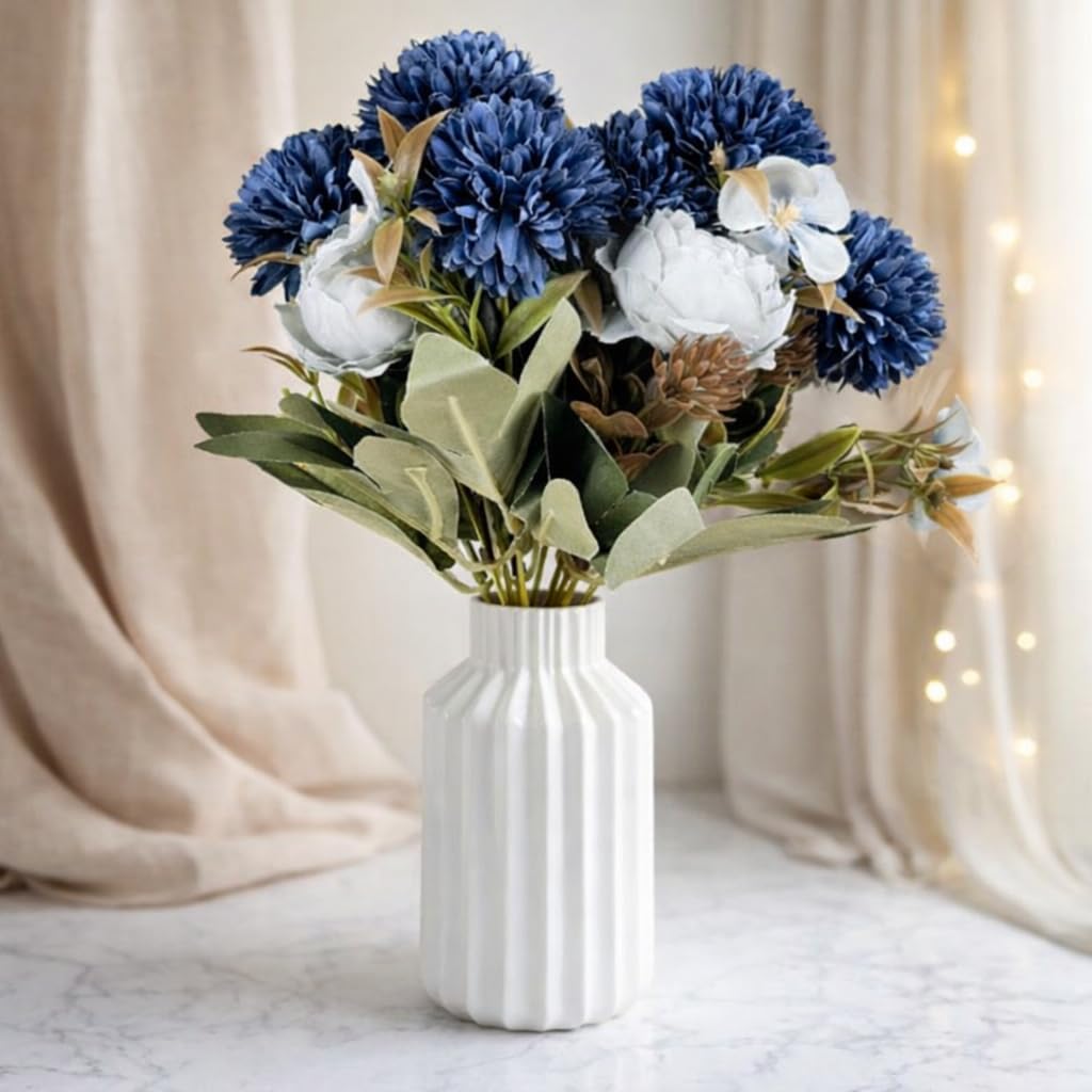 SATYAM KRAFT 1 Bunch Artificial Dahlia Peony Flowers Fabric Bouquet for Home, Office, Bedroom, Living Room, Wedding, Events, Birthdays, Festivals & Gifting (Fabric, Without Vase, Blue)