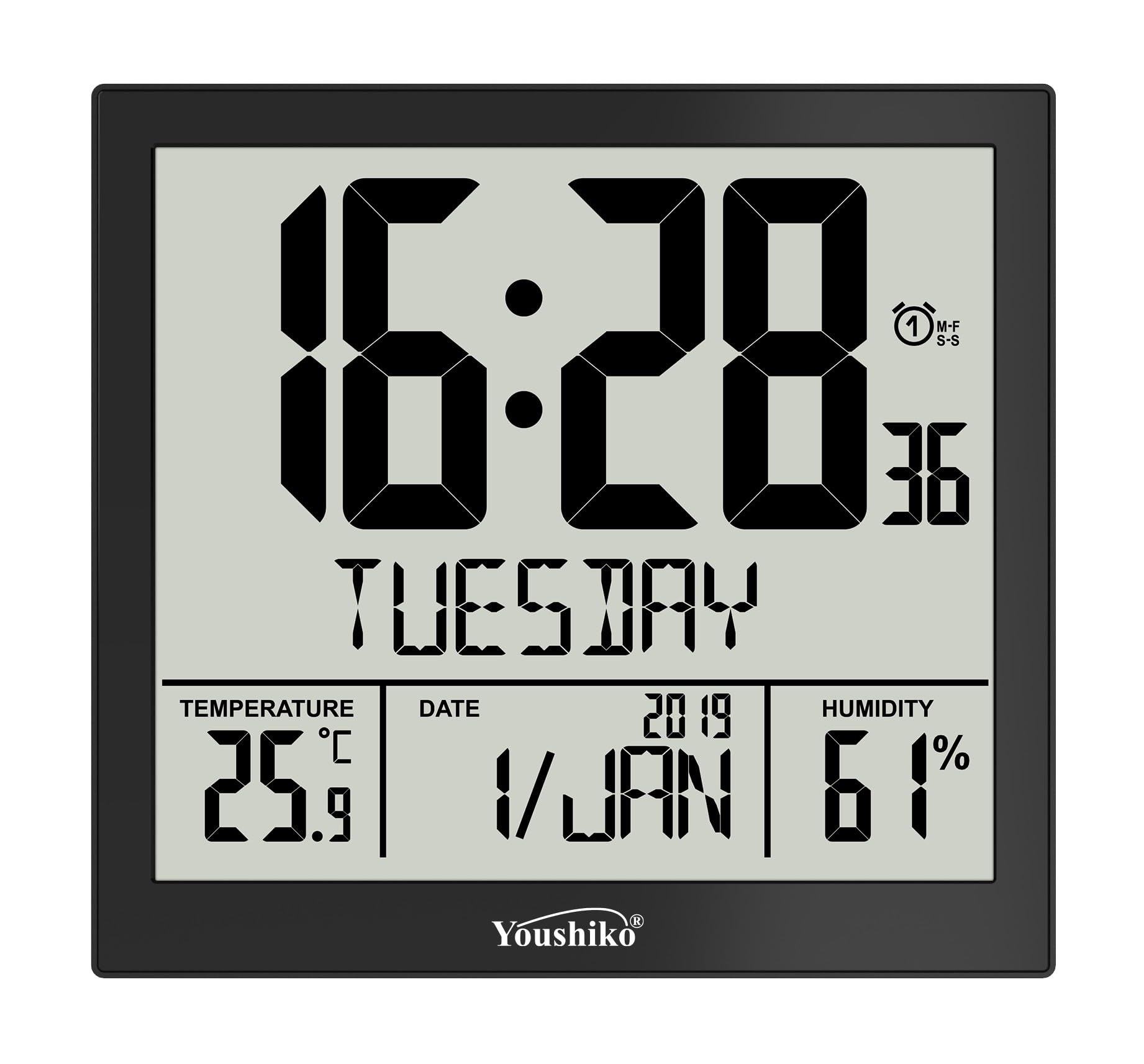 Youshiko Radio Controlled Wall Clock (Offical UK & Ireland Version) Silent LCD Auto Set Up with Day Date Month