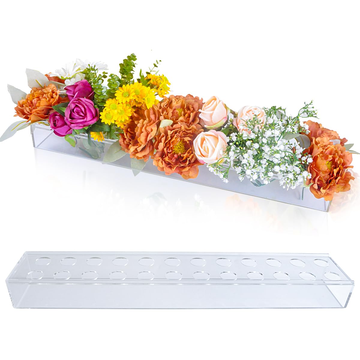 24'' Acrylic Flower Vase Rectangular with Holes Long Low Clear Vases Table Centerpieces Rectangle Floral Arrangement Dining Room Decor Square Narrow Rose Holder Plastic Glass Box Tray Modern (Clear)