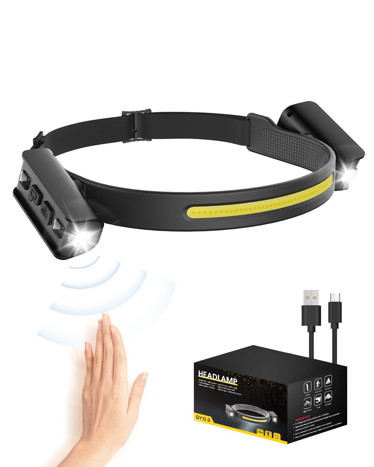 Coyonce LED Head Torch Rechargeable,230°COB Super Bright Headlamp with Motion Sensor, 6 Modes, IPX5 Waterproof, 12 Hours Runtime, 1200LM 2 Spot Light 90°Adjustable, Lightweight Headlamp for Camping