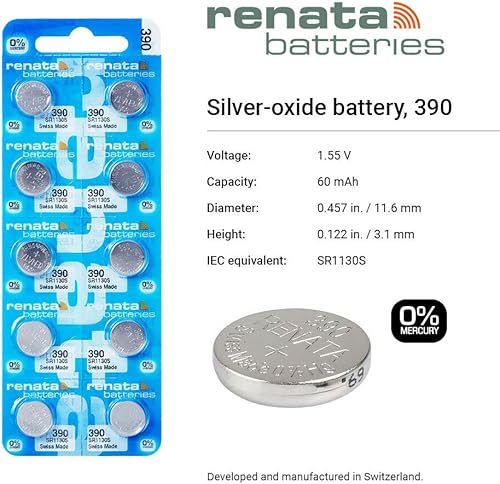 Miniatura 2 de Renata 390 SR1130SW Baterías  1.55 V Óxido de Plata 390 Batería de reloj (2 unidades)