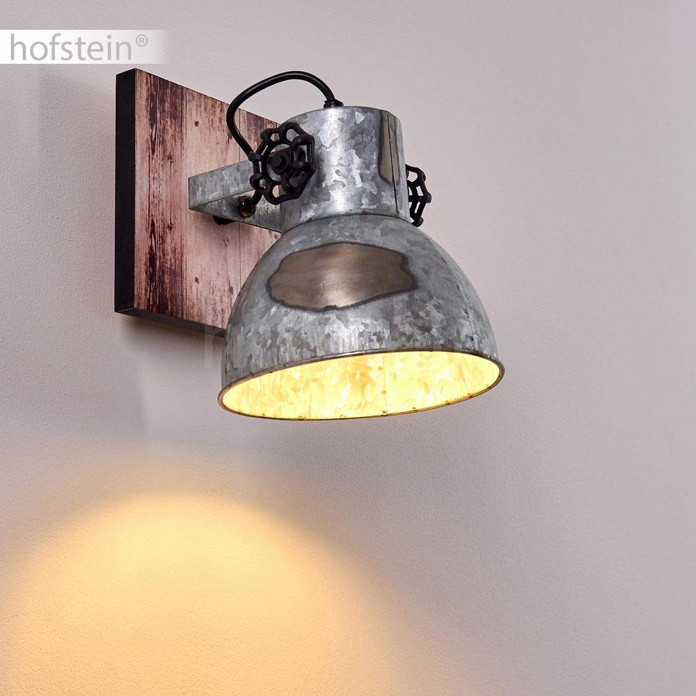 Wandleuchte Hora, verstellbare Wandlampe aus Stahl in Schwarz/Silber m. Holzoptik, 1-flammig, 1 x E27-Fassung, Wandspot im Retro/Vintage Design m. Gitter-Optik, ohne Leuchtmittel