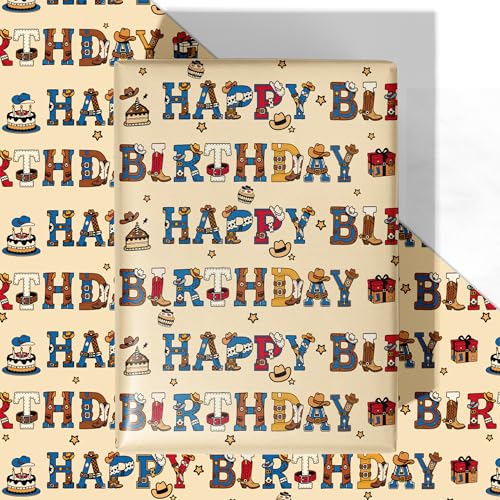WRAPLULU Cowboy Birthday Wrapping Paper - 4 Jumbo Sheets 28 * 40 Inches - Western Farm Gift Wrap with Cowboys Hat Boots Cake and HAPPY BIRTHDAY Perfect for Kids Boys Girls Birthday Baby Showers