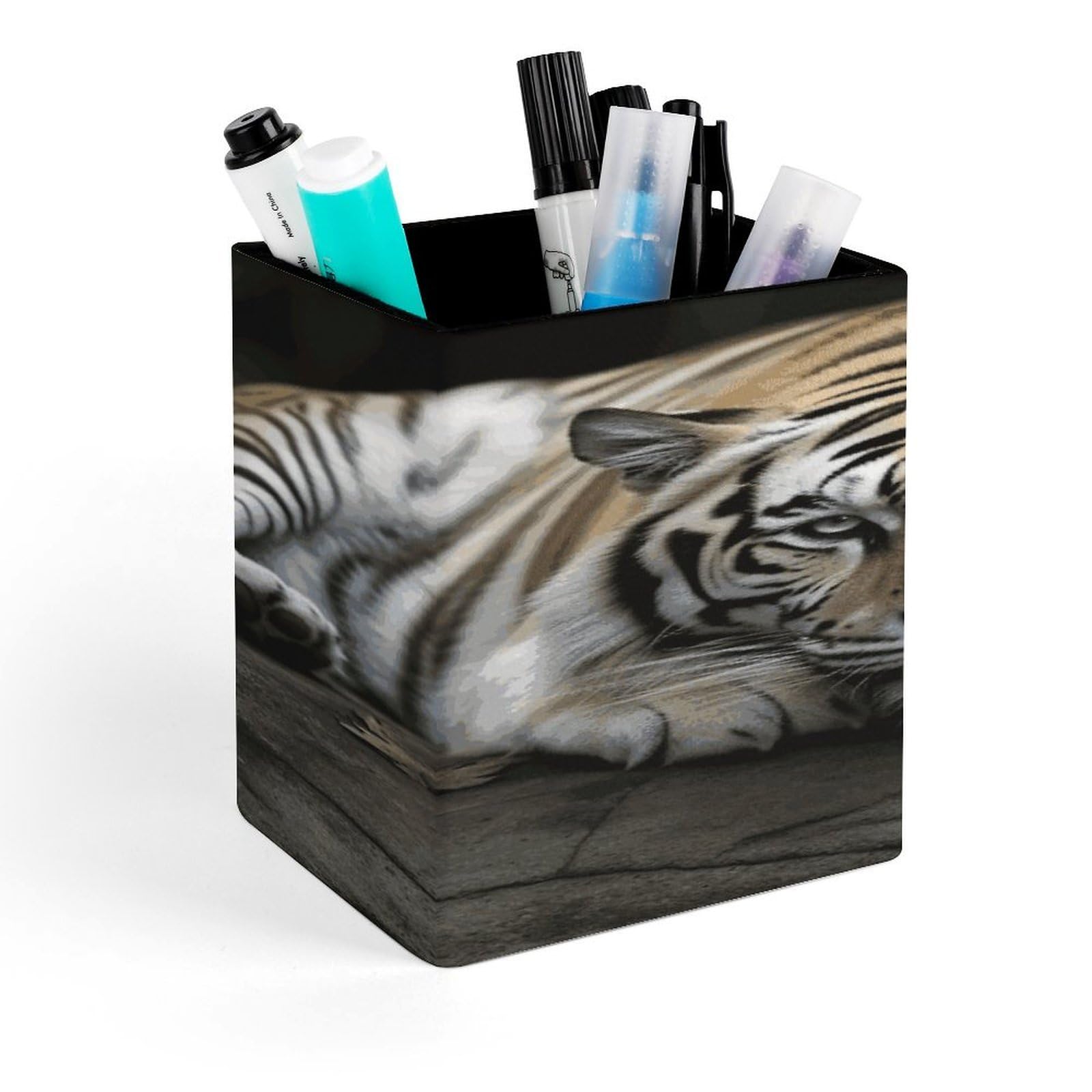 JTREHY Tiger Lie On Rock Pen Holder Square Pen Pencil Holder Makeup Brush Holders Cup PU Leather Pencil Cups Desktop Caddy Stationery Organizer Case Office Accessories Container Box