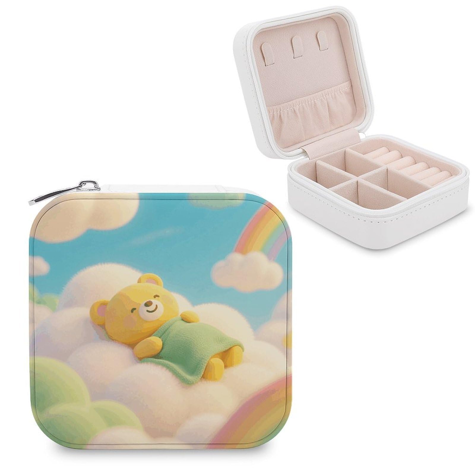 VstaDank Cute Bear Jewelry Box for Women Jewelry Organizer Storage Case with Zipper Mini Travel Jewelry Case Cute Trinket Organizer Leather Portable Jewelry Storage Box