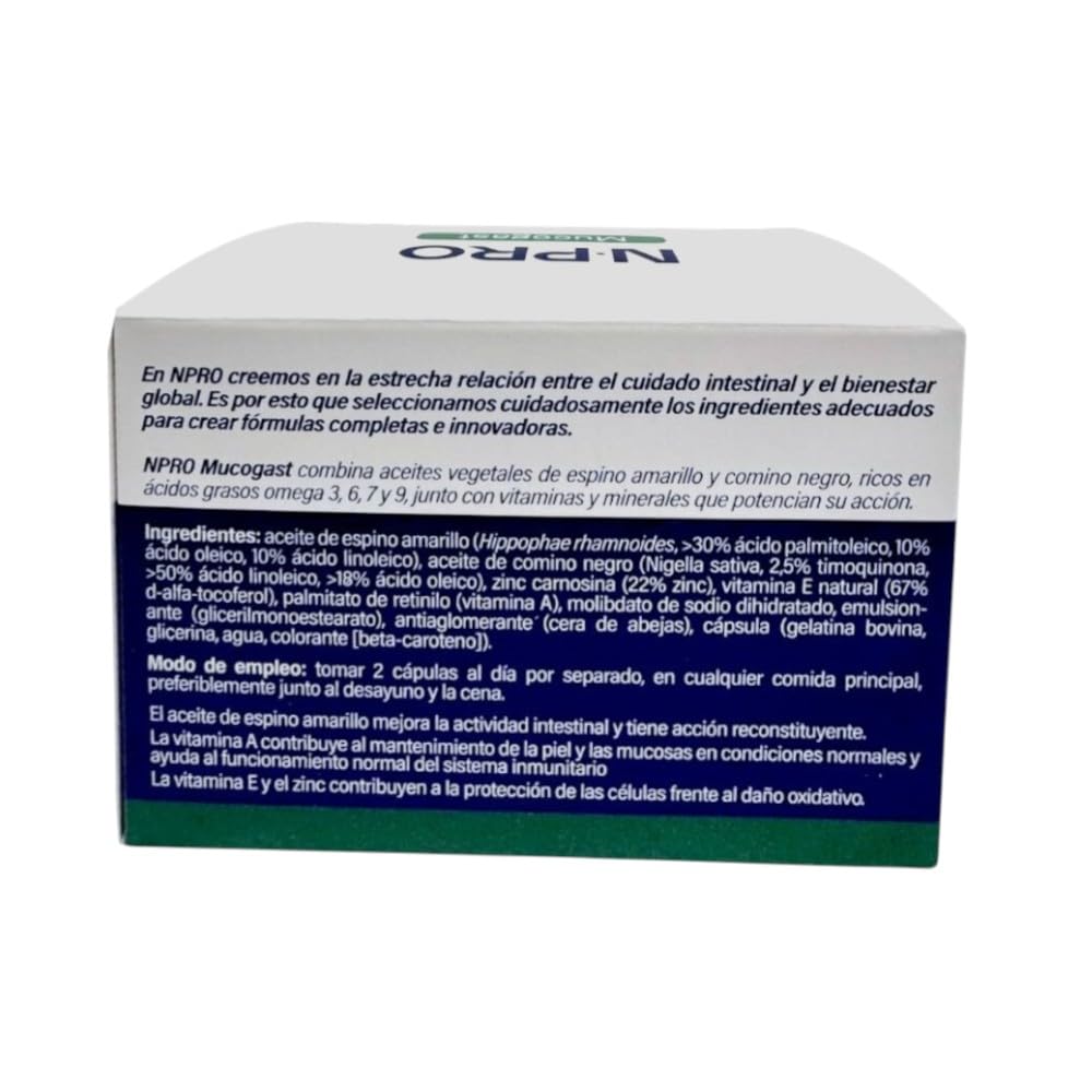 NPro SALUD INTESTINAL Mucogast 60 Perlas – Suplemento con Aceite de Espino Amarillo Omega 7, Comino Negro, Zinc y Carnosina – Protección y Cuidado de la Mucosa Gástrica