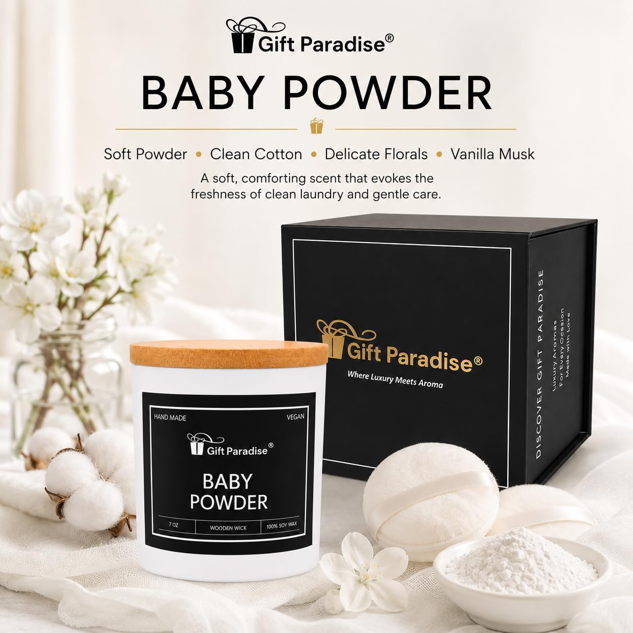 Gift Paradise® Candela di soia in polvere per bambini, 7 once, profumo di | Stoppino di legno, coperchio di bambù, scatola regalo magnetica, profumo polveroso pulito morbido