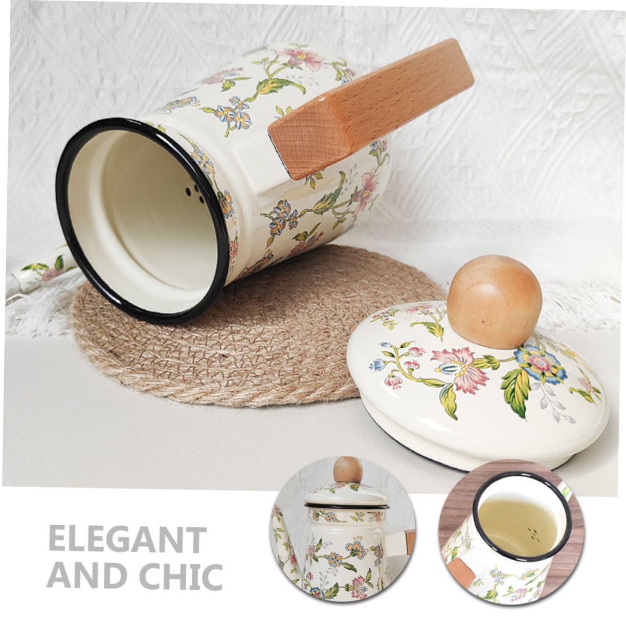 Mipcase Teiera Smaltata Vintage Manico in Legno 1,2L Bollitore per Tè e Caffè per Appassionati di Caffè e Tè