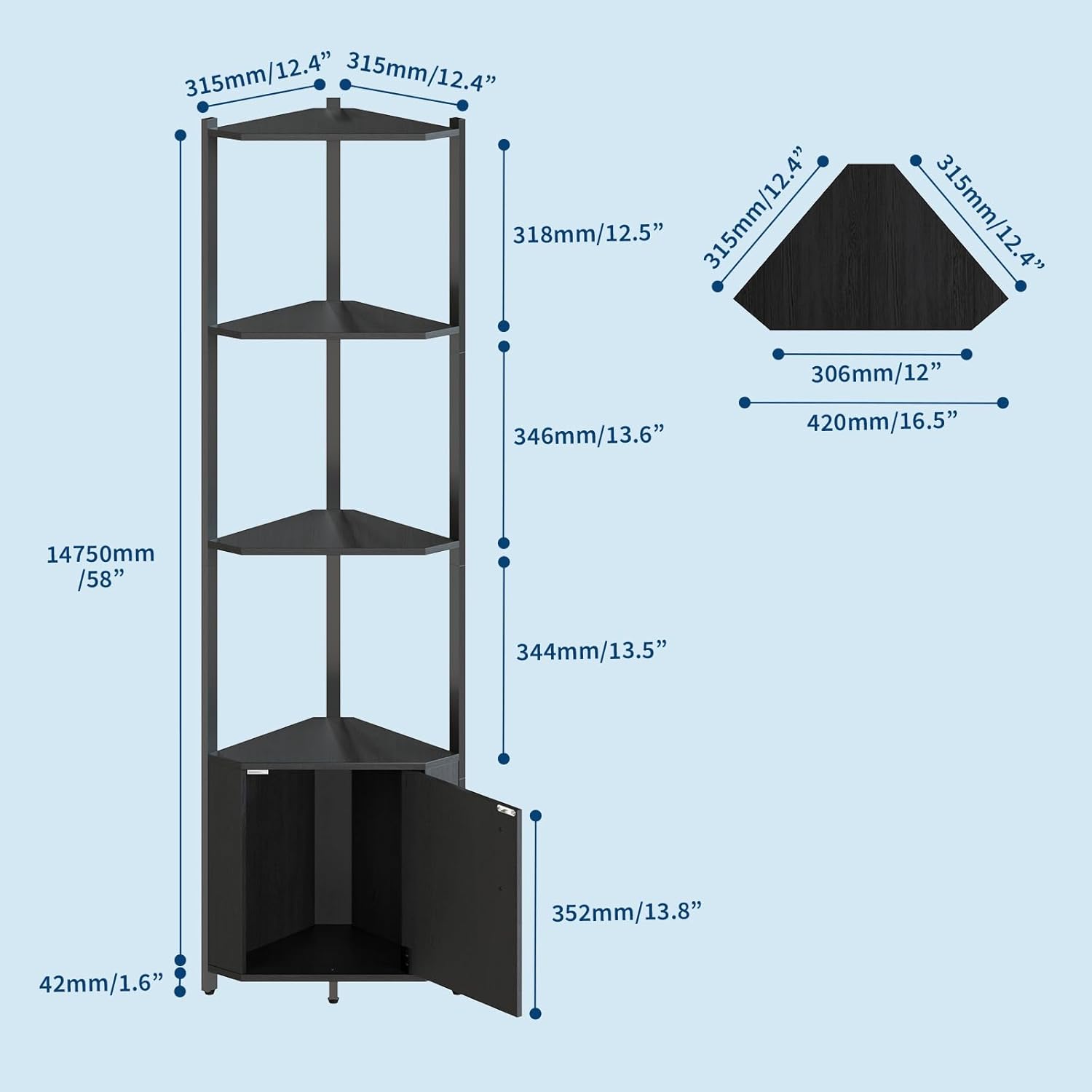 Corner Shelf Stand - 5-Tier Corner Display Cabinet, 58''h Wooden Storage Shelves for Living Room, Display Stand for Plants, Books, Decor – Ideal for Bedroom, Kitchen, Bathroom, Home Office