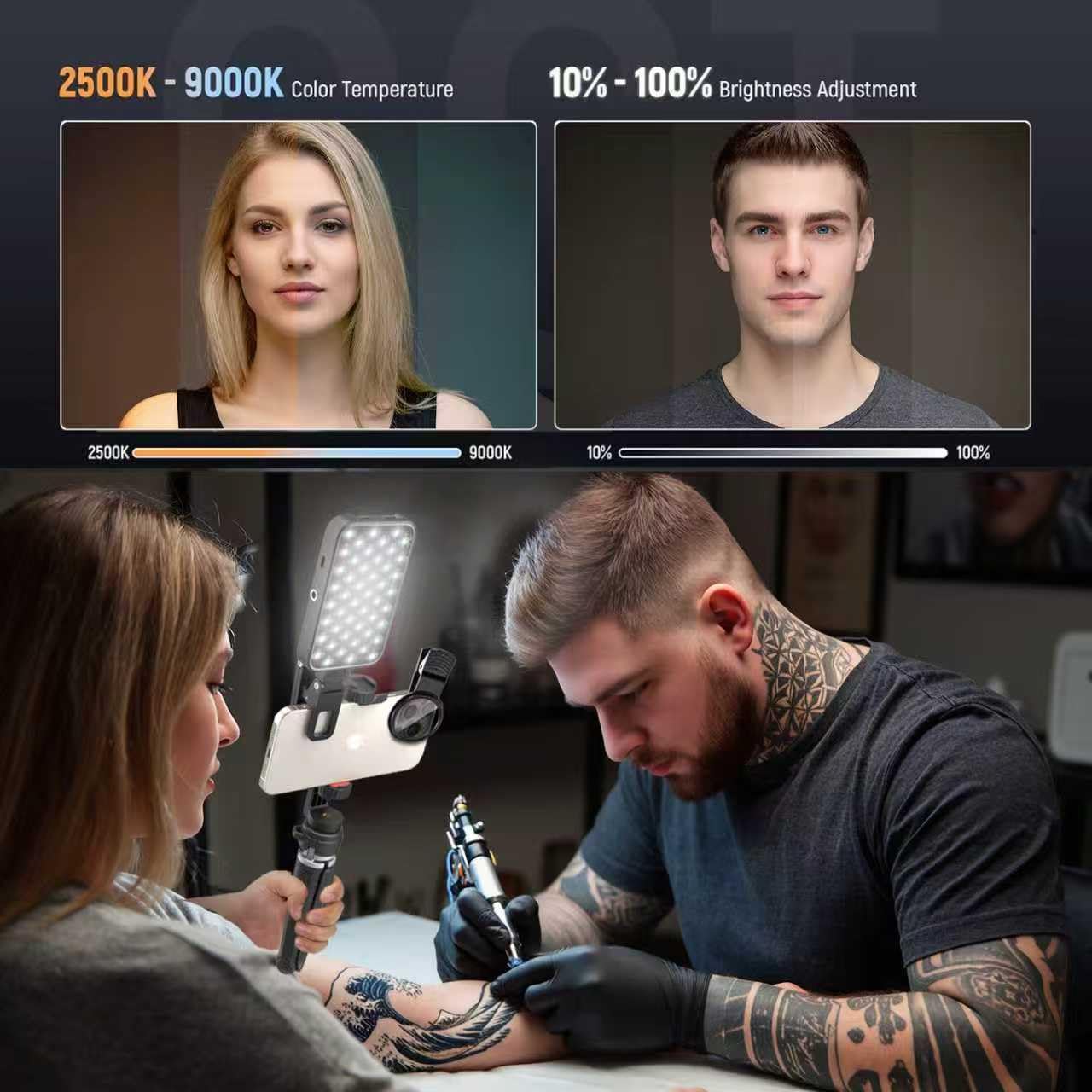 Lampa LED do selfie i tatuażu z soczewką filtrującą CPL 52 mm, obracany o 360°, klips do tatuażu, statyw / uchwyt na telefon, wypełnienie oświetlenia, usuwanie odbicia dla sztuki, żywności, biżuterii