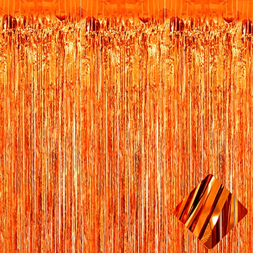 Image of 4 Pack 3.2Ft x 8.2Ft Orange Foil Fringe Curtain Backdrop, Metallic Tinsel Foil Fringe Streamers Curtains Background for Photo Booth, Birthday, Wedding, Halloween, Christmas Party Decoration