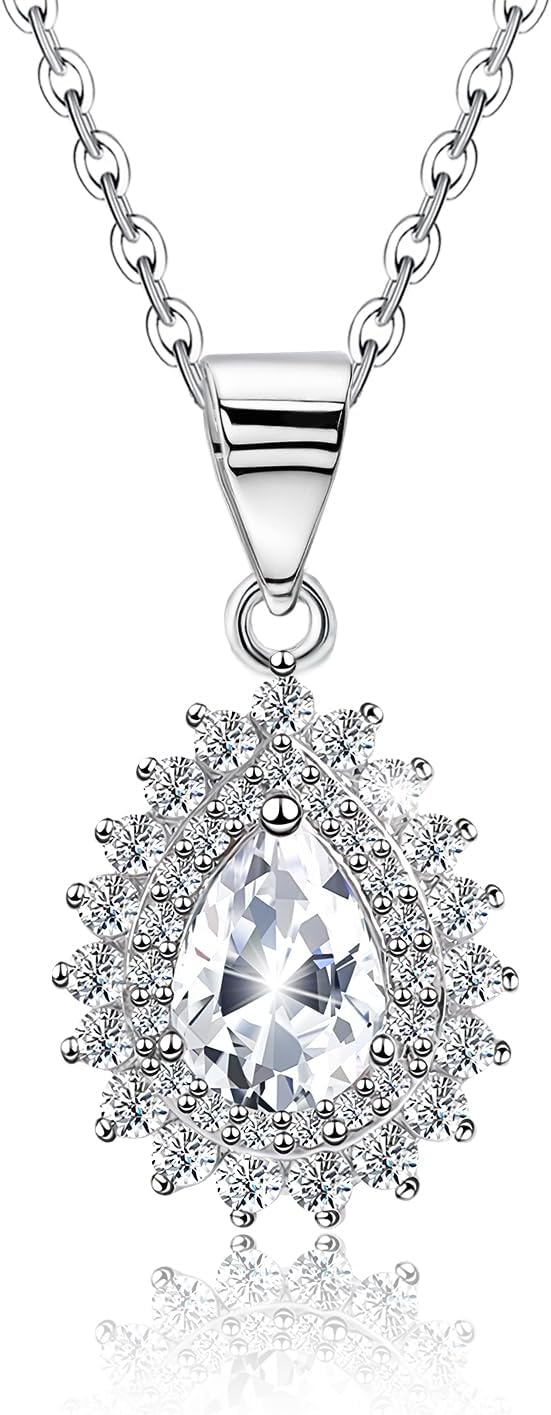 Sterling Silver Teardrop Necklace for Women Sparkle Cubic Zirconia Waterdrop Shaped Pendant Necklace Hypoallergenic Adjustable Halo CZ Charms Necklace Classic Jewelry Gifts for Wife Mom Bride,19inch