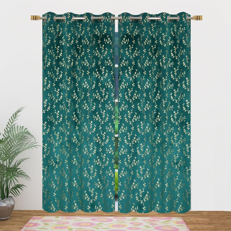 Image of Heavy Velvet Fabric Luxury Looks Room Darkening Floral Designer Curtains 8 Feet for Door, Aqua, Pack of 2 Pieces