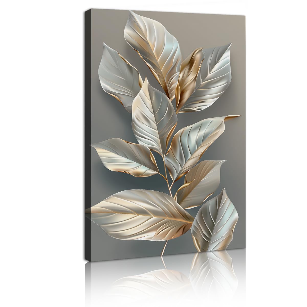 TOANGWALL Hojas de plata doradas Arte mural de lienzo Elegantes grabados botánicos Mural de naturaleza Cartel contemporáneo de hojas Pintura para la decoración interior del dormitorio 65x110cm