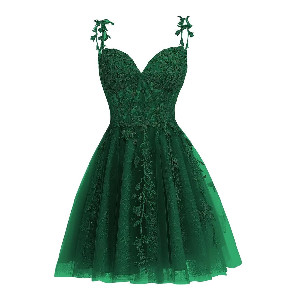 Wseyu Women's Emerald Green Homecoming Dresses With Spaghetti Straps Lace Tulle A-Line V Neck Evening Dresses Uk14