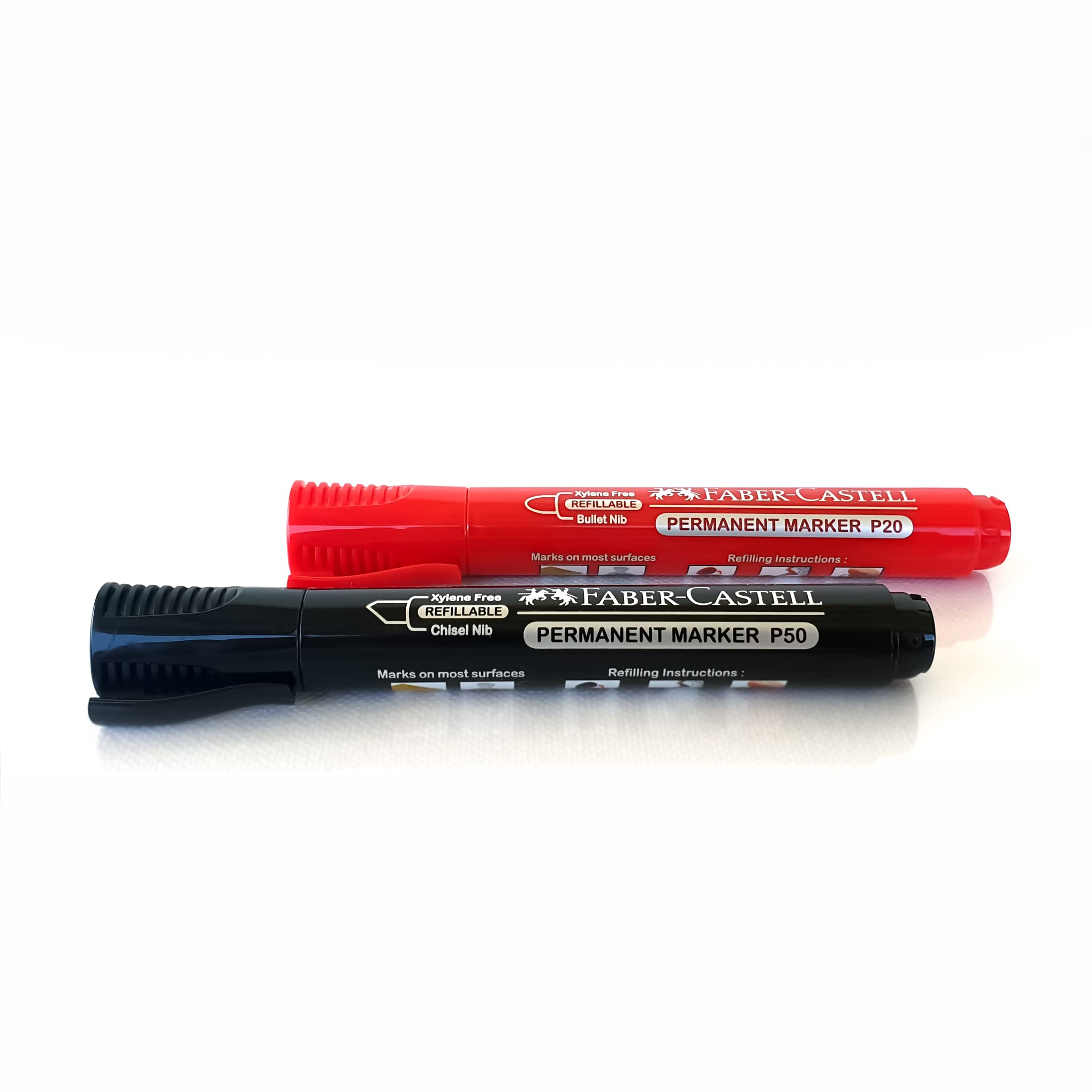 Faber-Castell Permanent Marker Chisel tip 2Pcs Black and Red, Ideal for wood, metal, glass, plastic, and cardboard