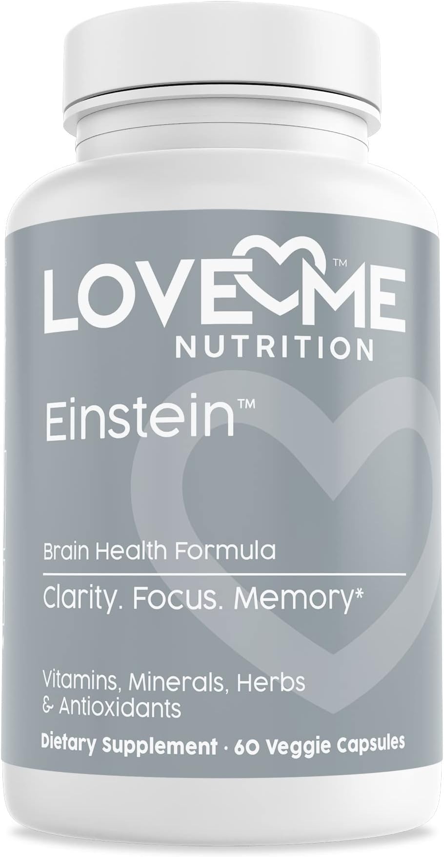 LOVE ME NUTRITION® - Einstein - Brain Nootropic Formula Men & Woman. Minerals, Herbs, Antioxidants Amino Acids. Memory Mental Focus Clarity. Natural No Artificial Ingredients 60 Vegi Caps